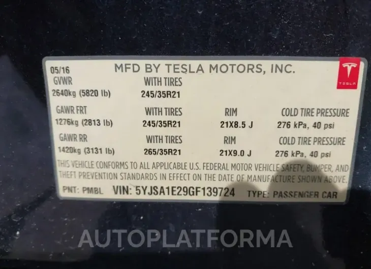 TESLA MODEL S 2016 vin 5YJSA1E29GF139724 from auto auction Iaai