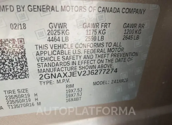 CHEVROLET EQUINOX 2018 vin 2GNAXJEV2J6277274 from auto auction Iaai