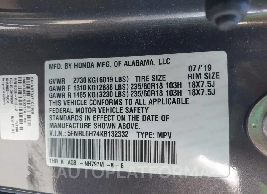 HONDA ODYSSEY 2019 vin 5FNRL6H74KB132332 from auto auction Iaai