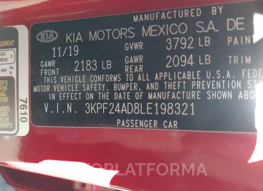 KIA FORTE 2020 vin 3KPF24AD8LE198321 from auto auction Iaai