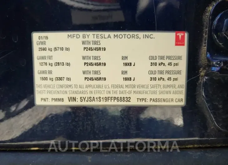 TESLA MODEL S 2015 vin 5YJSA1S19FFP68832 from auto auction Iaai