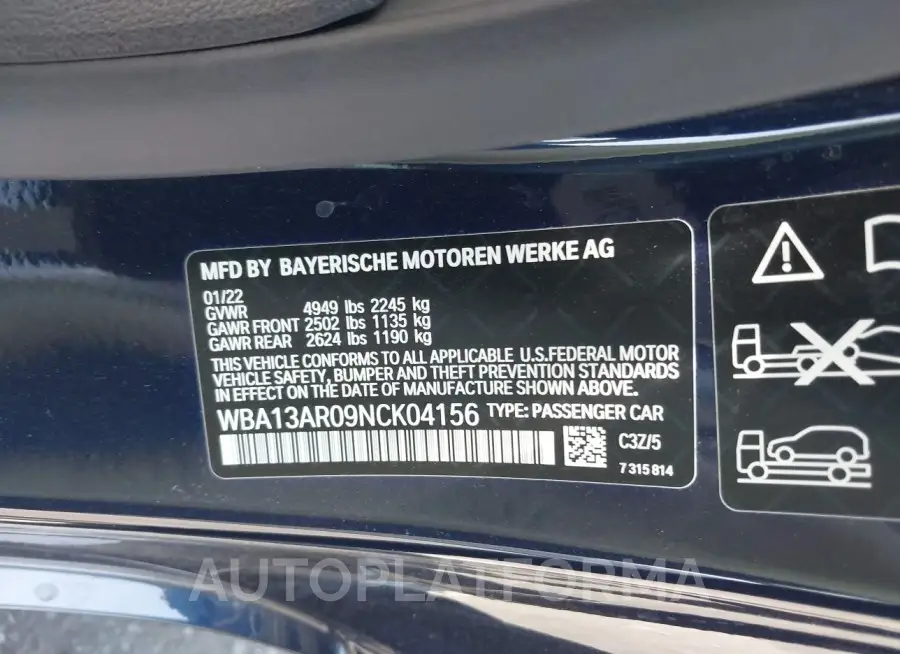 BMW M440I 2022 vin WBA13AR09NCK04156 from auto auction Iaai