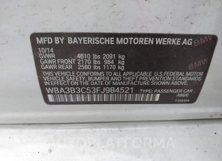 BMW 328I  2015 vin WBA3B3C53FJ984521 from auto auction Iaai