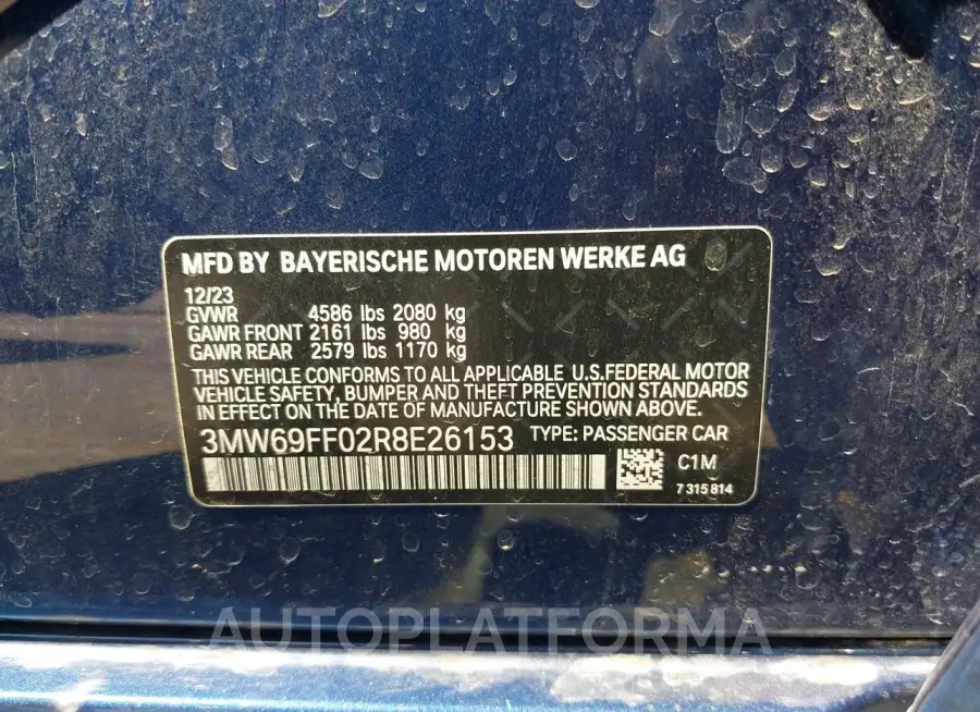 BMW 3 SERIES 2024 vin 3MW69FF02R8E26153 from auto auction Iaai