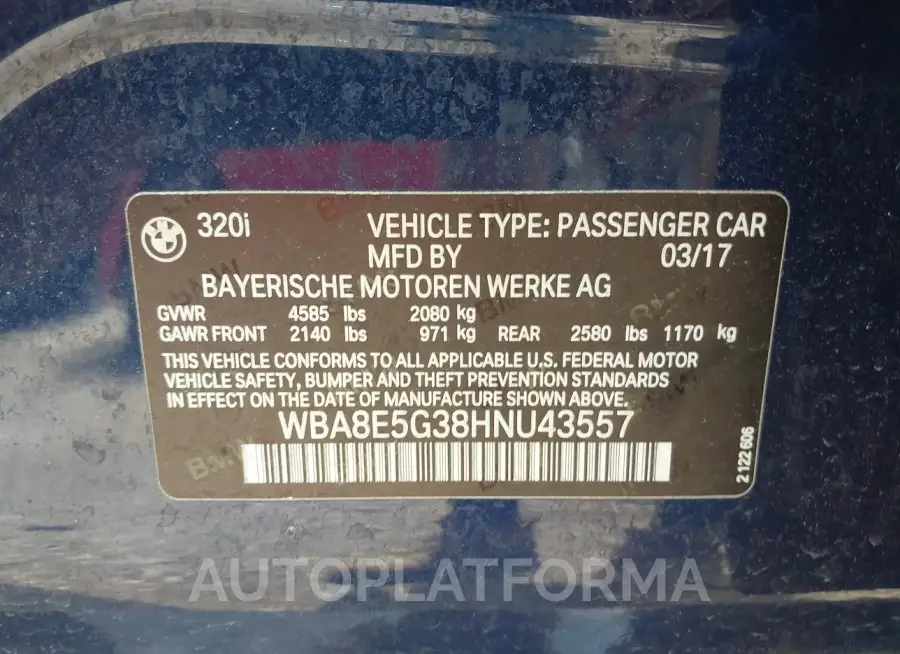 BMW 320I 2017 vin WBA8E5G38HNU43557 from auto auction Iaai