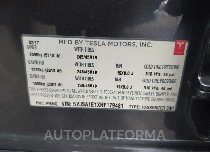 TESLA MODEL S 2017 vin 5YJSA1E1XHF179481 from auto auction Iaai