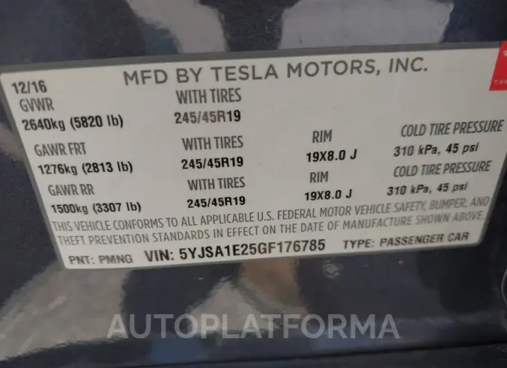 TESLA MODEL S 2016 vin 5YJSA1E25GF176785 from auto auction Iaai