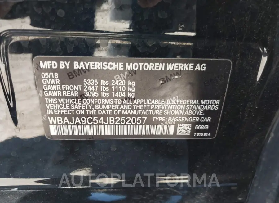 BMW 530E 2018 vin WBAJA9C54JB252057 from auto auction Iaai