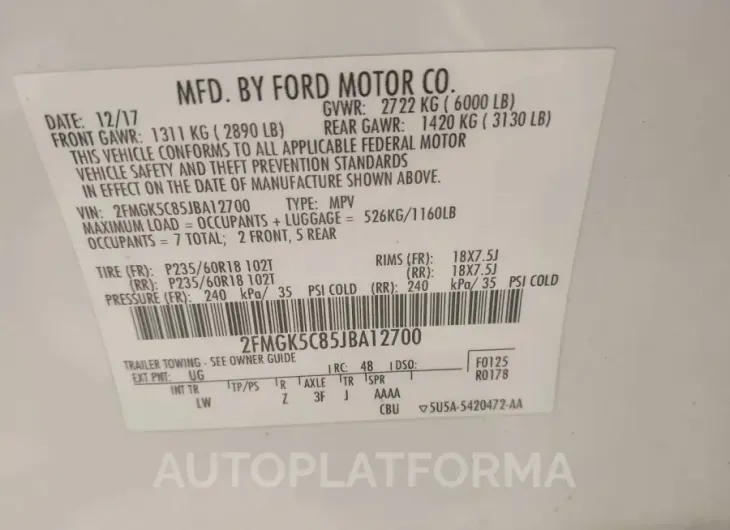 FORD FLEX 2018 vin 2FMGK5C85JBA12700 from auto auction Iaai