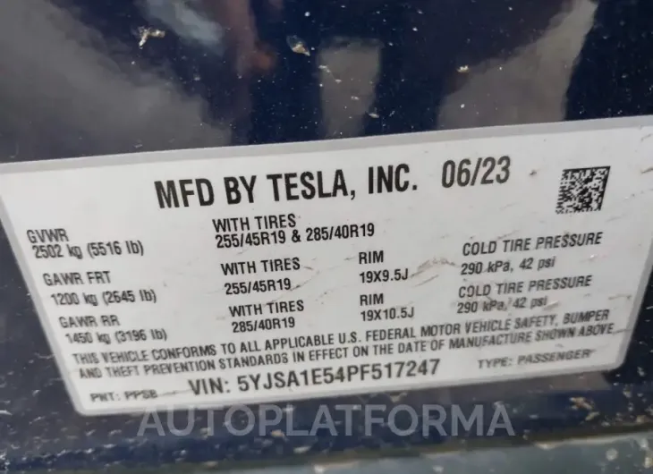 TESLA MODEL S 2023 vin 5YJSA1E54PF517247 from auto auction Iaai