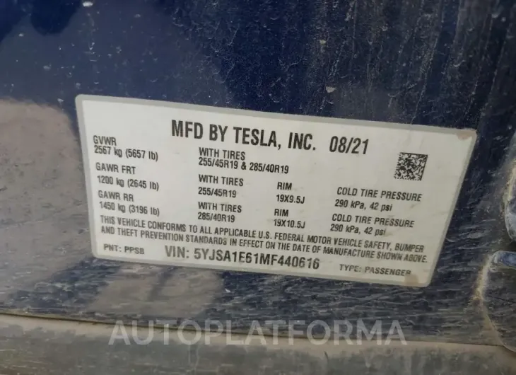 TESLA MODEL S 2021 vin 5YJSA1E61MF440616 from auto auction Iaai