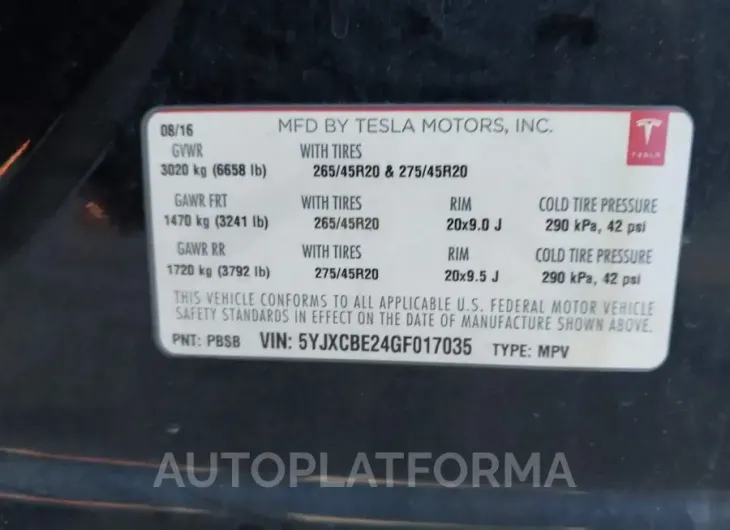 TESLA MODEL X 2016 vin 5YJXCBE24GF017035 from auto auction Iaai