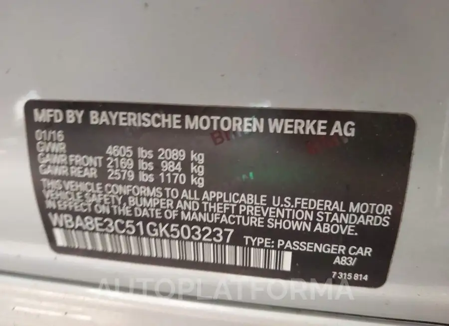 BMW 328I  2016 vin WBA8E3C51GK503237 from auto auction Iaai