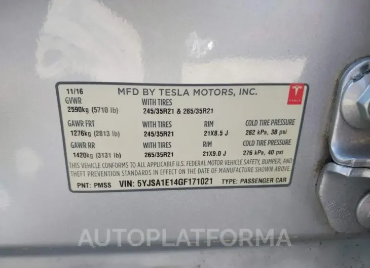 TESLA MODEL S 2016 vin 5YJSA1E14GF171021 from auto auction Iaai