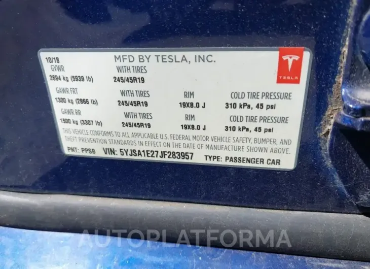 TESLA MODEL S 2018 vin 5YJSA1E27JF283957 from auto auction Iaai