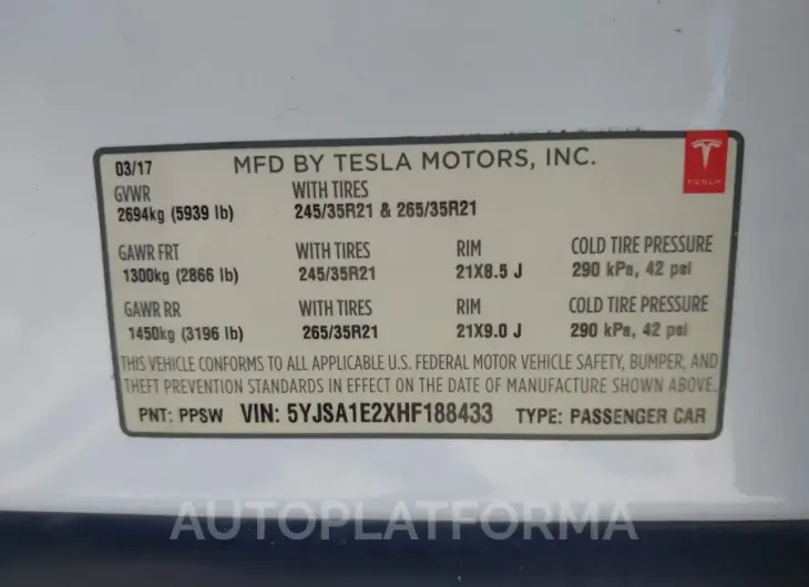 TESLA MODEL S 2017 vin 5YJSA1E2XHF188433 from auto auction Iaai