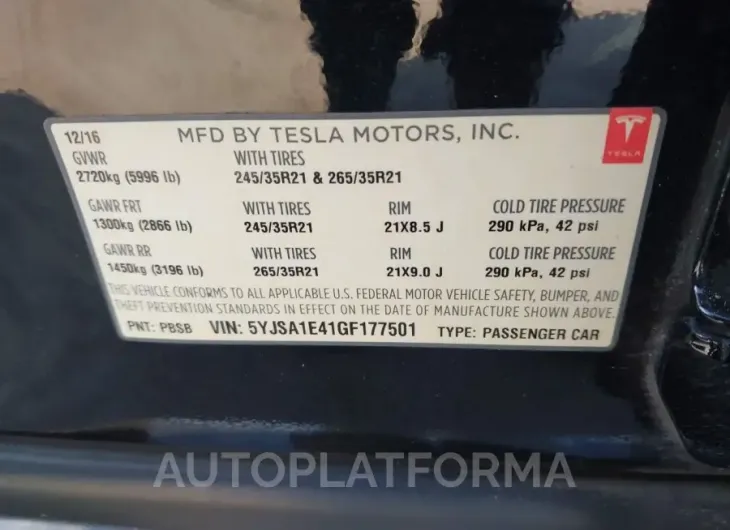 TESLA MODEL S 2016 vin 5YJSA1E41GF177501 from auto auction Iaai