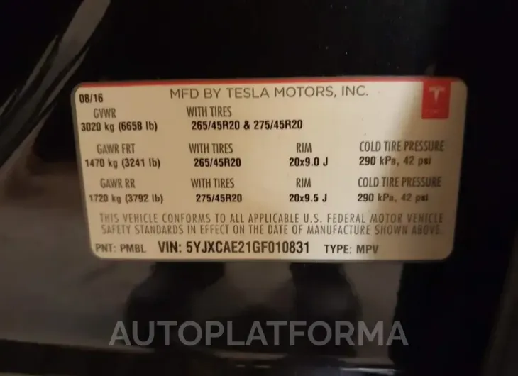 TESLA MODEL X 2016 vin 5YJXCAE21GF010831 from auto auction Iaai