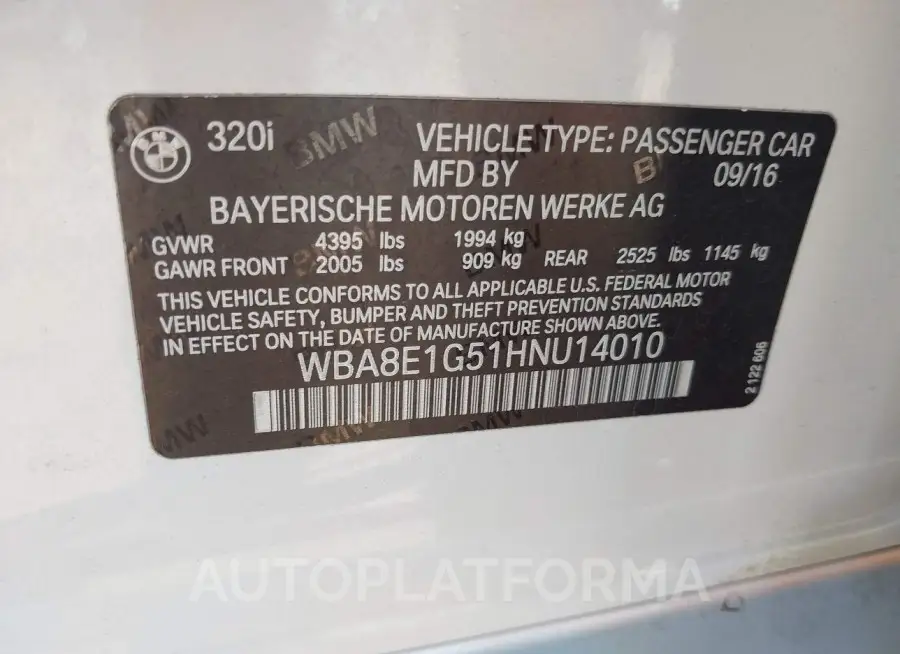 BMW 320I 2017 vin WBA8E1G51HNU14010 from auto auction Iaai