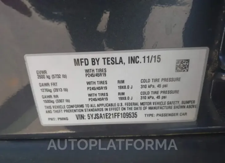 TESLA MODEL S 2015 vin 5YJSA1E21FF109535 from auto auction Iaai