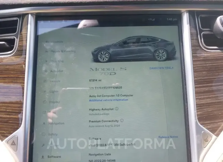 TESLA MODEL S 2015 vin 5YJSA1E21FF109535 from auto auction Iaai