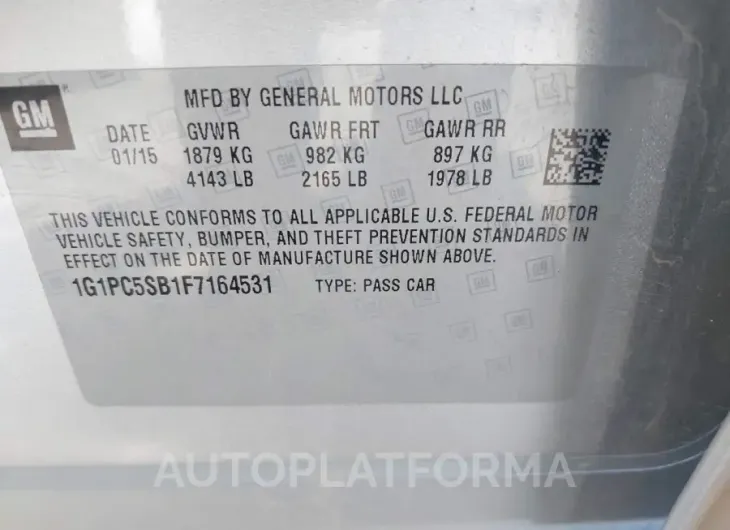 CHEVROLET CRUZE 2015 vin 1G1PC5SB1F7164531 from auto auction Iaai