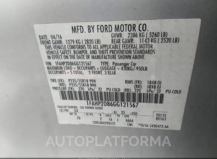 FORD TAURUS 2016 vin 1FAHP2D86GG121567 from auto auction Iaai