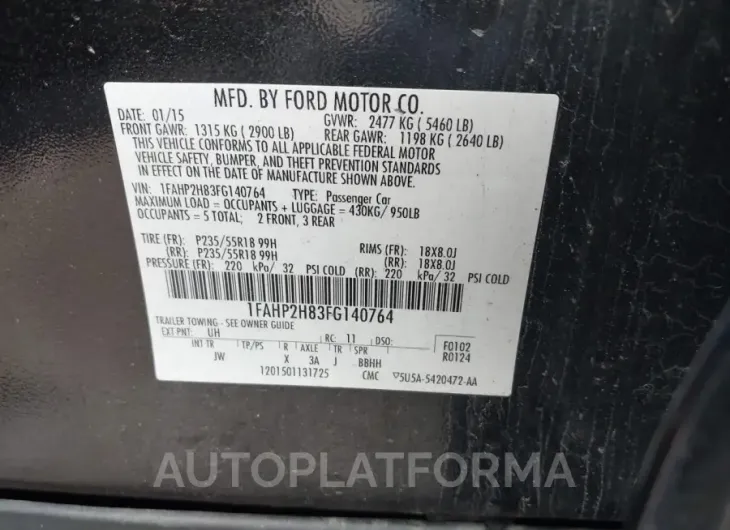 FORD TAURUS 2015 vin 1FAHP2H83FG140764 from auto auction Iaai