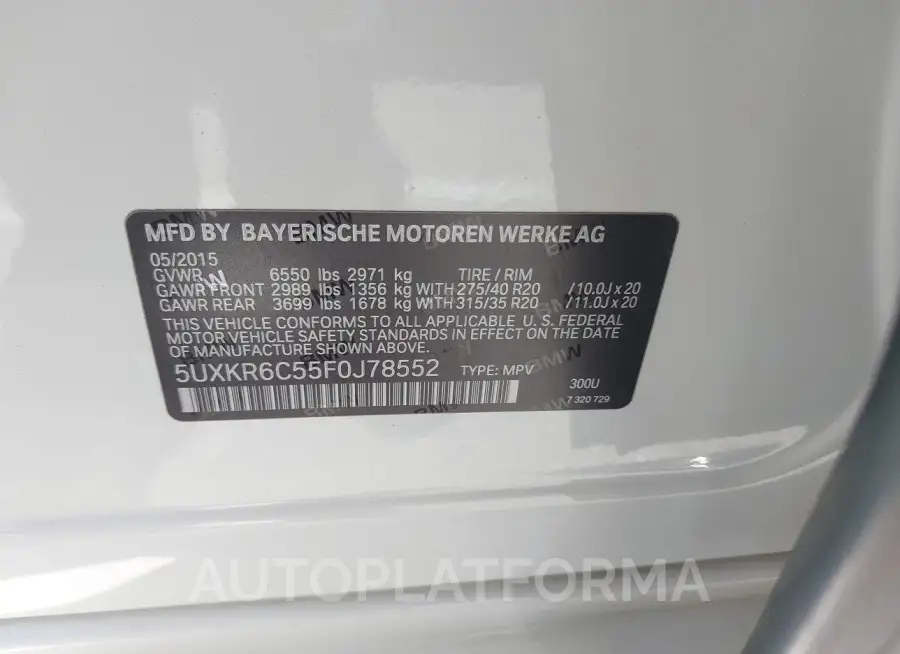 BMW X5 2015 vin 5UXKR6C55F0J78552 from auto auction Iaai