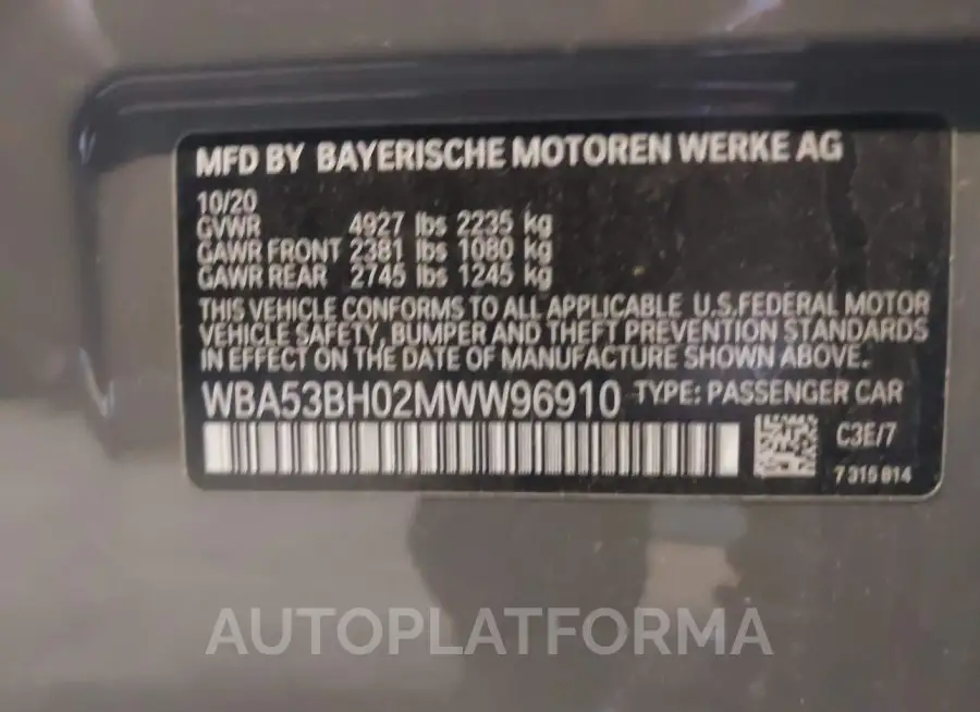 BMW 530I 2021 vin WBA53BH02MWW96910 from auto auction Iaai