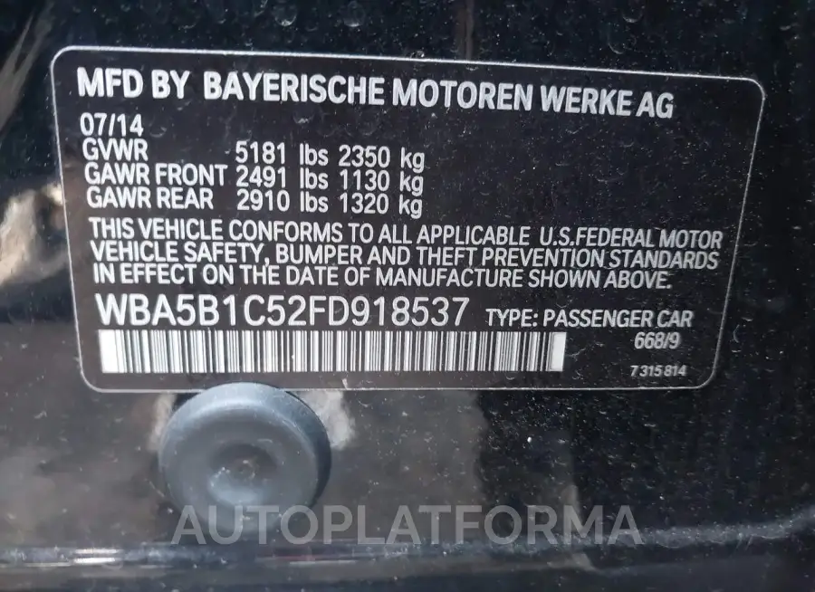 BMW 535I 2015 vin WBA5B1C52FD918537 from auto auction Iaai