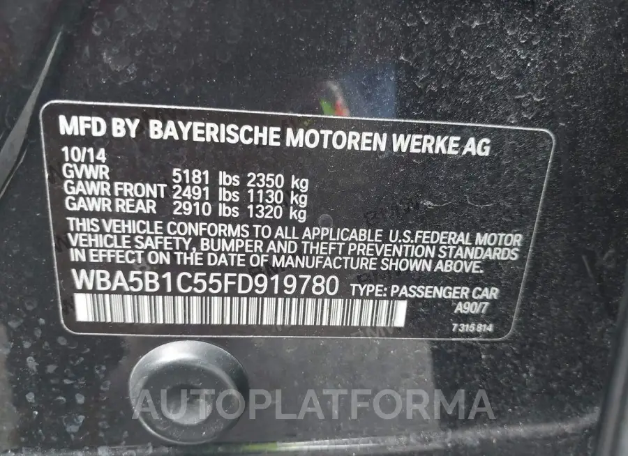 BMW 535I 2015 vin WBA5B1C55FD919780 from auto auction Iaai