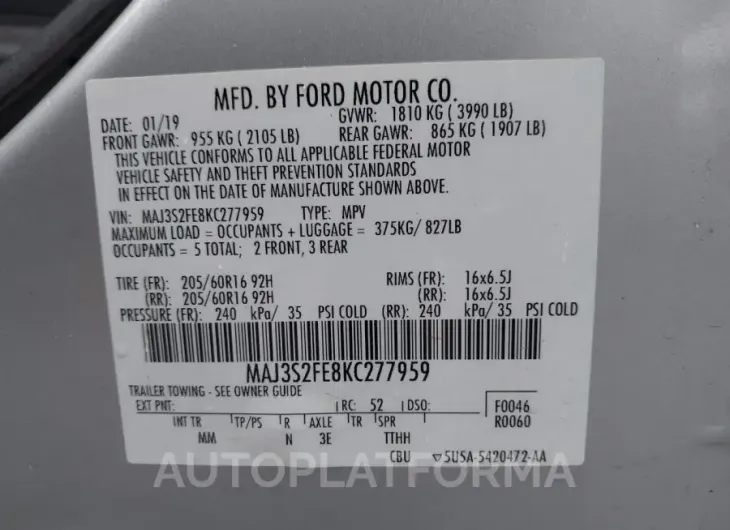 FORD ECOSPORT 2019 vin MAJ3S2FE8KC277959 from auto auction Iaai