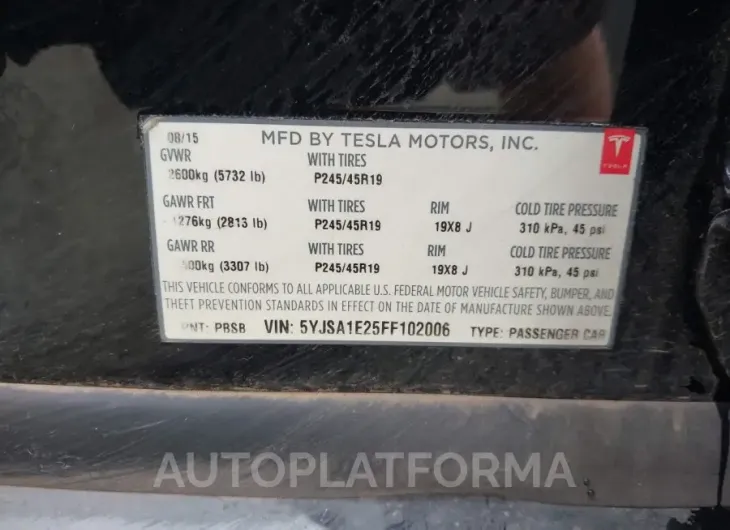 TESLA MODEL S 2015 vin 5YJSA1E25FF102006 from auto auction Iaai