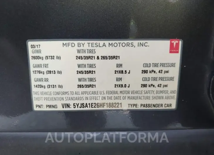 TESLA MODEL S 2017 vin 5YJSA1E26HF188221 from auto auction Iaai