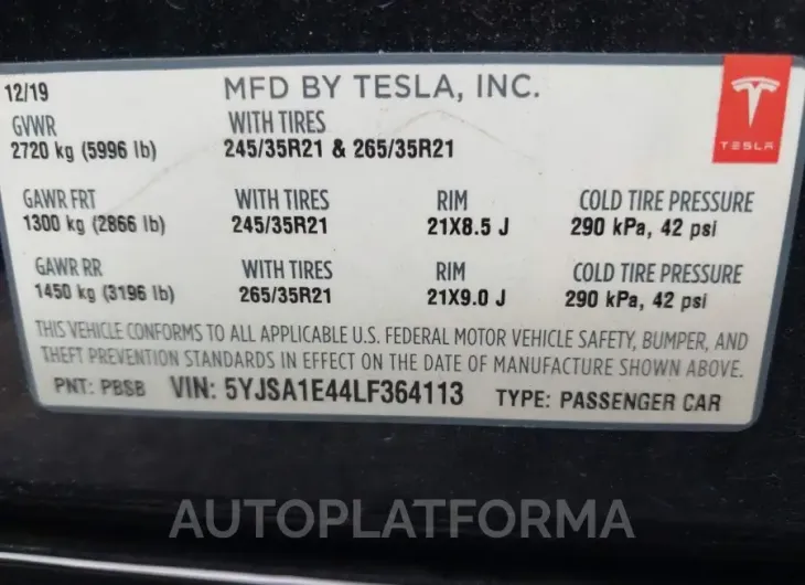 TESLA MODEL S 2020 vin 5YJSA1E44LF364113 from auto auction Iaai