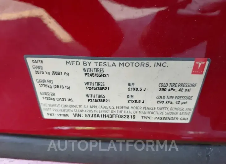 TESLA MODEL S 2015 vin 5YJSA1H43FF082819 from auto auction Iaai