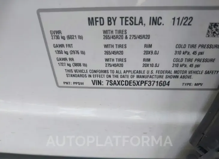 TESLA MODEL X 2023 vin 7SAXCDE5XPF371604 from auto auction Iaai