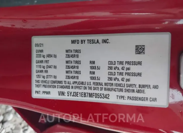 TESLA MODEL 3 2021 vin 5YJ3E1EB7MF055342 from auto auction Iaai