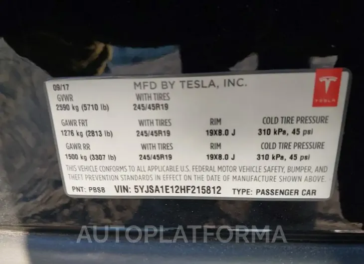 TESLA MODEL S 2017 vin 5YJSA1E12HF215812 from auto auction Iaai