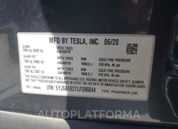 TESLA MODEL S 2020 vin 5YJSA1E27LF396844 from auto auction Iaai