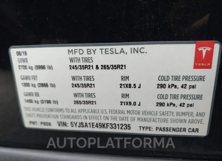 TESLA MODEL S 2019 vin 5YJSA1E49KF331235 from auto auction Iaai