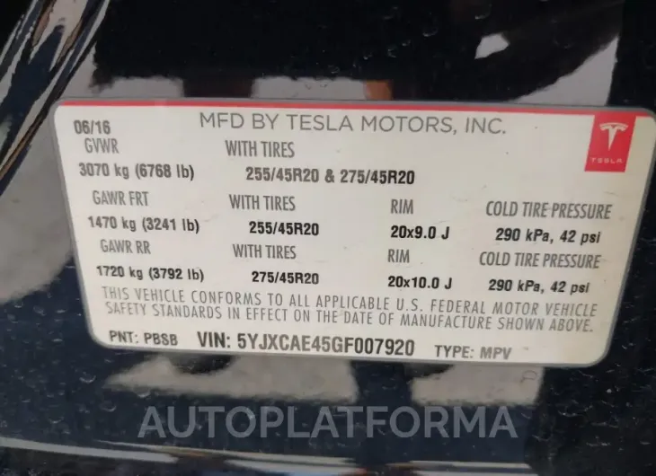 TESLA MODEL X 2016 vin 5YJXCAE45GF007920 from auto auction Iaai