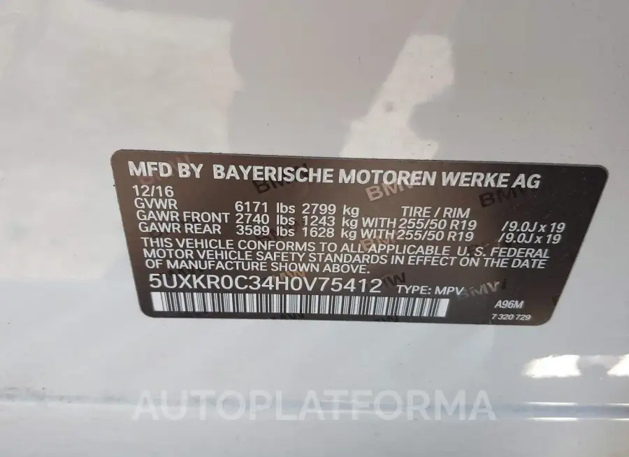 BMW X5 2017 vin 5UXKR0C34H0V75412 from auto auction Iaai