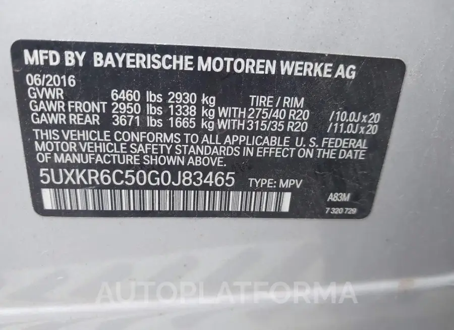 BMW X5 2016 vin 5UXKR6C50G0J83465 from auto auction Iaai