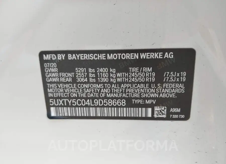 BMW X3 2020 vin 5UXTY5C04L9D58668 from auto auction Iaai