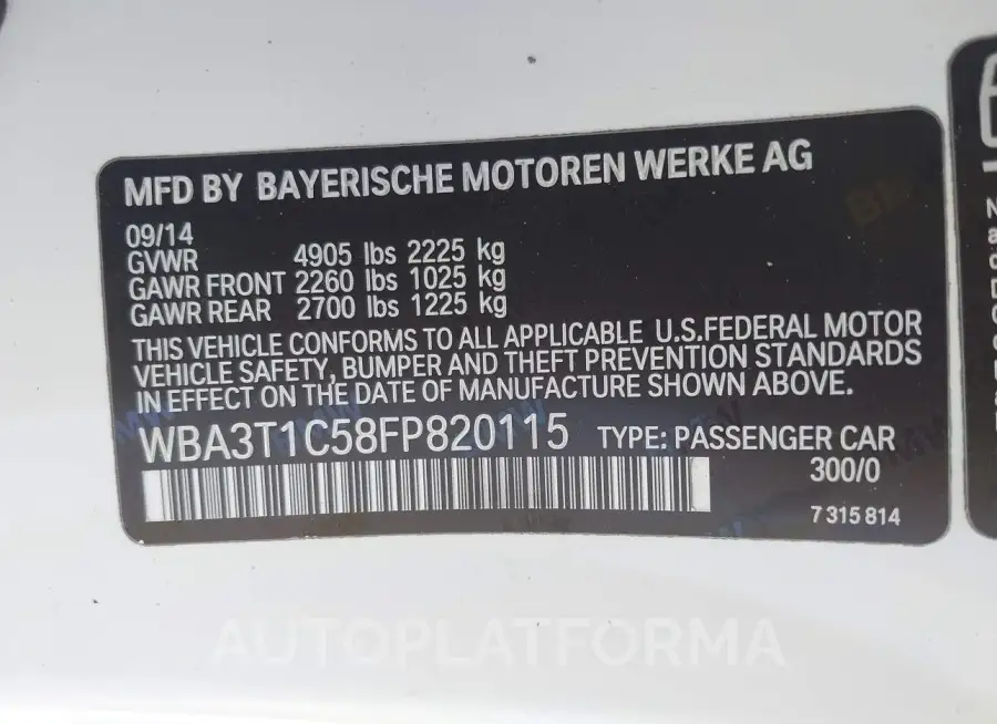 BMW 428I 2015 vin WBA3T1C58FP820115 from auto auction Iaai