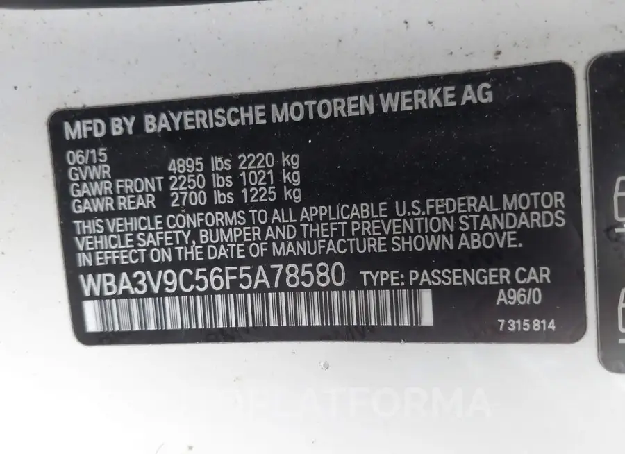 BMW 428I 2015 vin WBA3V9C56F5A78580 from auto auction Iaai