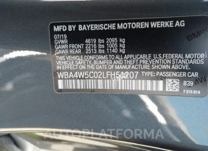 BMW 430I 2020 vin WBA4W5C02LFH51207 from auto auction Iaai