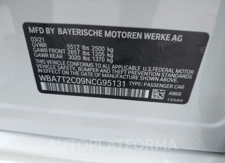 BMW 740 2022 vin WBA7T2C09NCG95131 from auto auction Iaai